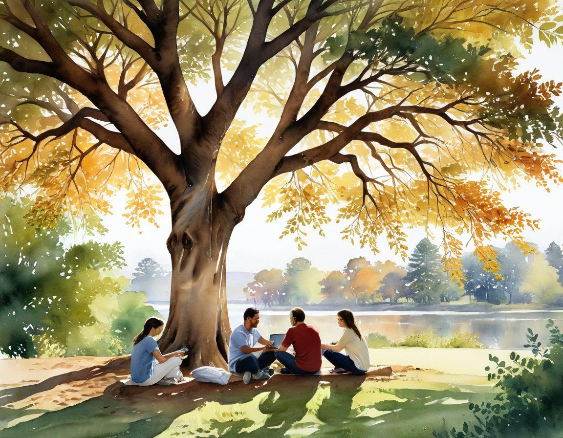 A serene landscape depicting a diverse group of individuals engaged in collaborative activities under a tree symbolizing support and community. Gentle sunlight filters through the leaves, casting warm hues on their faces, as they share ideas and laughter, embodying fulfillment and connection. Include subtle hints of technology like laptops and smartphones harmoniously blended with nature. watercolor style. warm colors.