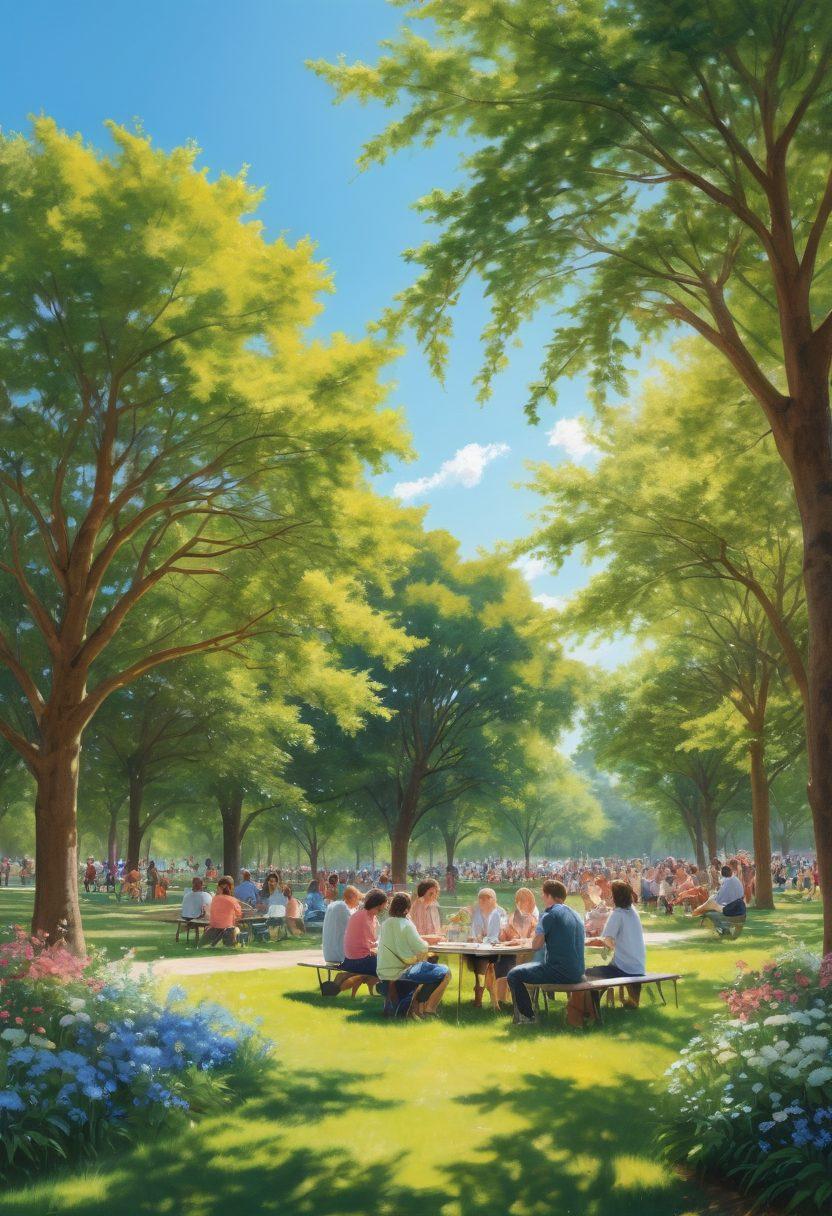 A warm and inviting community gathering in a sunlit park, featuring diverse groups of people sharing joyful moments through laughter, music, and creative activities. Include blooming flowers and green trees to symbolize growth and happiness, with a bright blue sky overhead. Capture the essence of connection and positivity among individuals. soft pastel colors. vibrant. super-realistic.