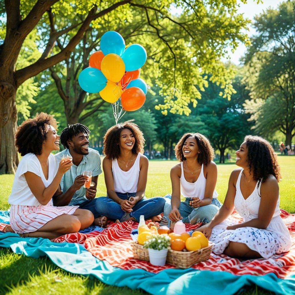 A warm and inviting scene depicting a diverse group of friends joyfully engaging in various activities like laughing, sharing stories, and playfully interacting in a sunlit park. Incorporate vibrant colors and elements like flowers, balloons, and a picnic setup to enhance the cheerful atmosphere. The background should showcase a clear blue sky and green trees, symbolizing positivity and connection. super-realistic. vibrant colors. natural light.